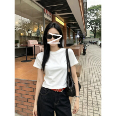 批发韩系纯色白色短款短袖t恤女夏季修身小个子上衣体恤