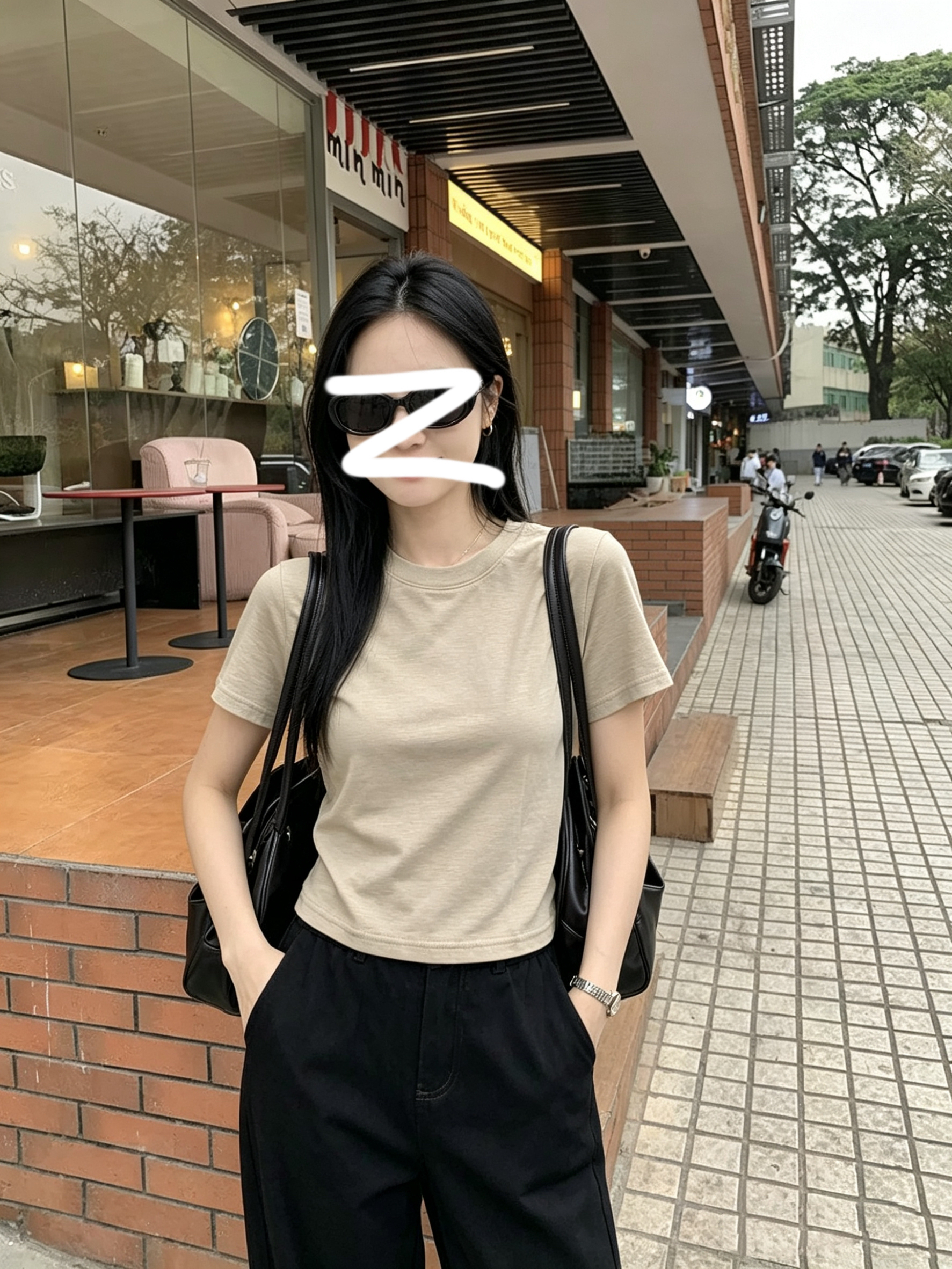 한 부서 단색 얕은 낙타 쇼트 스타일 반팔 티셔츠 여성 여름 몸매 가꾸기 작은 키 맨위 동정