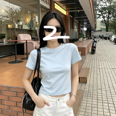 批发韩系纯色<b class='q'>宝宝</b>蓝色短款短袖t恤女夏季修身小个子上衣体恤