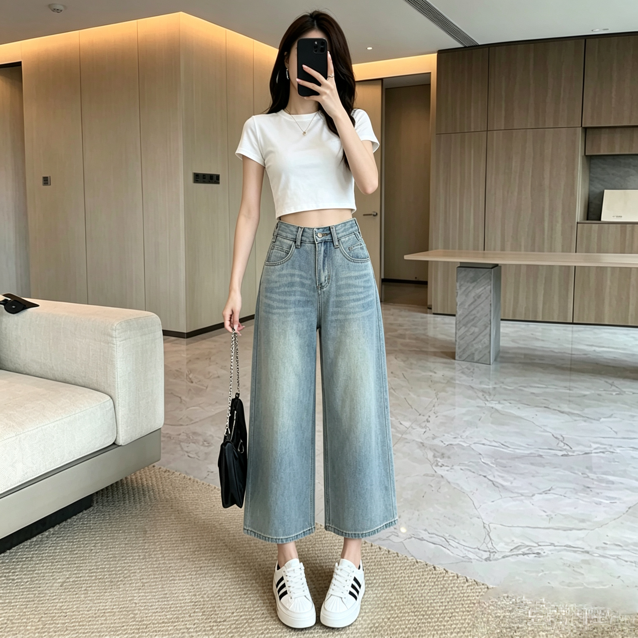 작은 키 2026 새로운 넓은 다리 청바지 여성 여름 8 점 바지 다용도 루즈핏 넓은 다리 스트레이트 바지