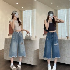 批发小个子破洞阔腿牛仔<b class='q'>裤</b>女2026夏季薄款宽松显瘦直筒<b class='q'>裤</b>中<b class='q'>裤</b>