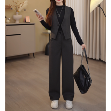批发小个子<b class='q'>时尚</b>套装女2026秋季新款高级感显瘦马甲打底衫阔腿裤三件套