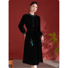 批发真丝丝绒<b class='q'>连衣裙</b>女中长款香云纱立领时尚品牌轻奢妈妈显瘦<b class='q'>桑蚕丝</b>裙