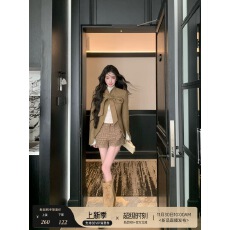 批发Barb Chill复古夹棉呢子外套女冬季30羊毛蝴蝶结开衫上衣格子短裤