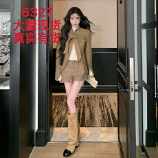 批发Barb Chill复古夹棉呢子外套女冬季30羊毛蝴蝶结开衫上衣格子短裤