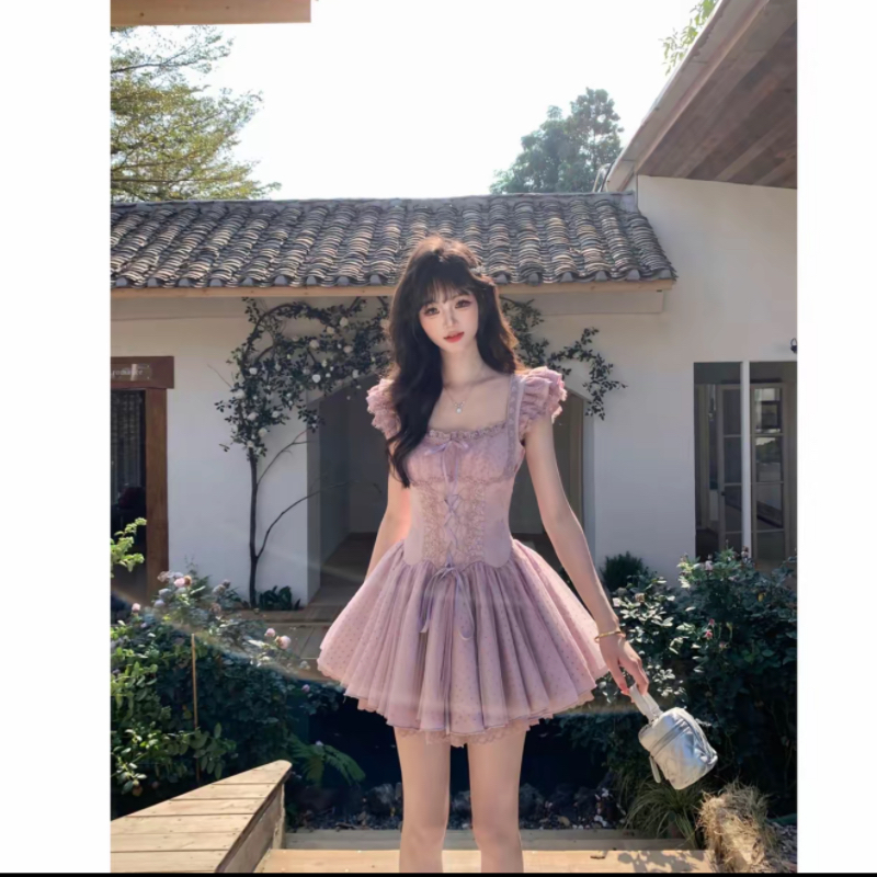 기타 한 작은 물고기 musefish 한여름 밤 꿈 나라 프랑스식 도트 무늬 망사 치마 순수한 욕망 소녀 레이스 드레스