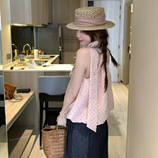 批发PtonUmi波尔卡序曲 甜美斜肩显瘦T露背波点<b class='q'>无袖</b>上衣女夏漂亮穿搭