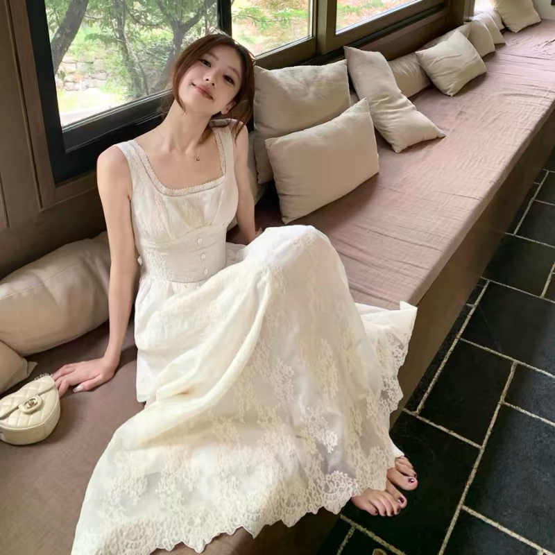 주 제 1 eeone5.10 10 00am 얕은 바람 화이트 라임 프랑스식 광장 칼라 레이스 자수 길다 허리 수축 샤오 바이 치마