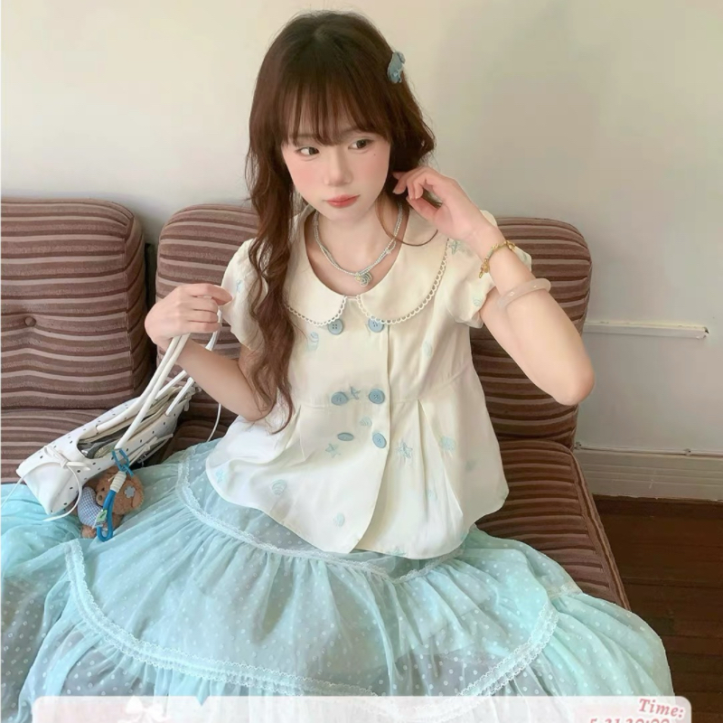 크림 스타 만 달콤한 스타일 이중 버튼 대양 자수 인형 셔츠 박하 녹색 다중 레이어 도트 무늬 전단 꽃 반신 스커트