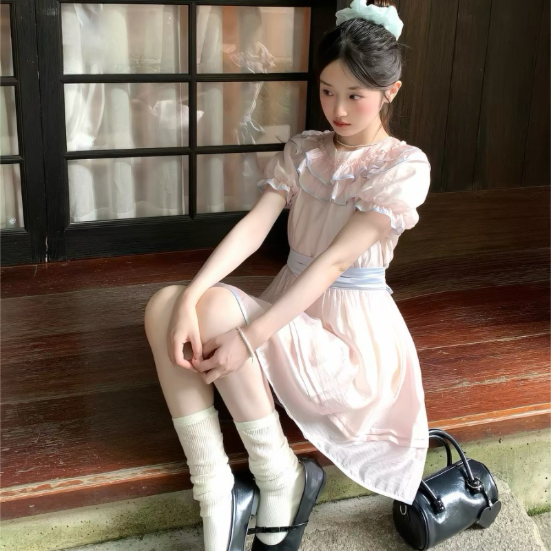 mucha 나무 차 작은 행사 안개 달콤한 스타일 핑크색 여성 드레스 거품 소매 레이스 칼라 절묘한 공주 드레스