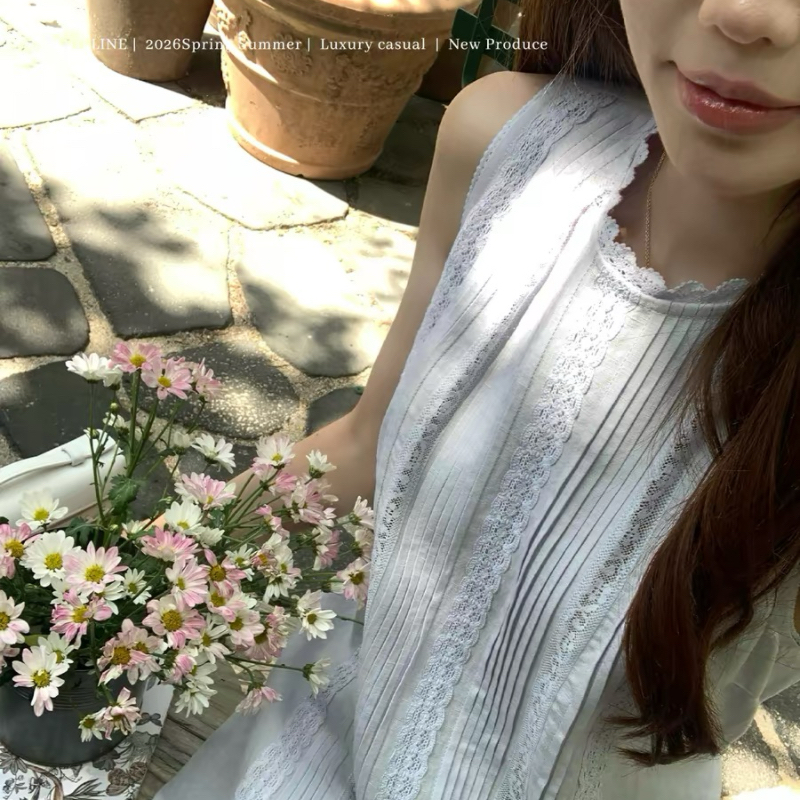 coolline 숲 희 하얀 배 물 하늘색 아마 레이스 여성 드레스 스트레이트 레이스업 슬림해 보이는 미니 스커트