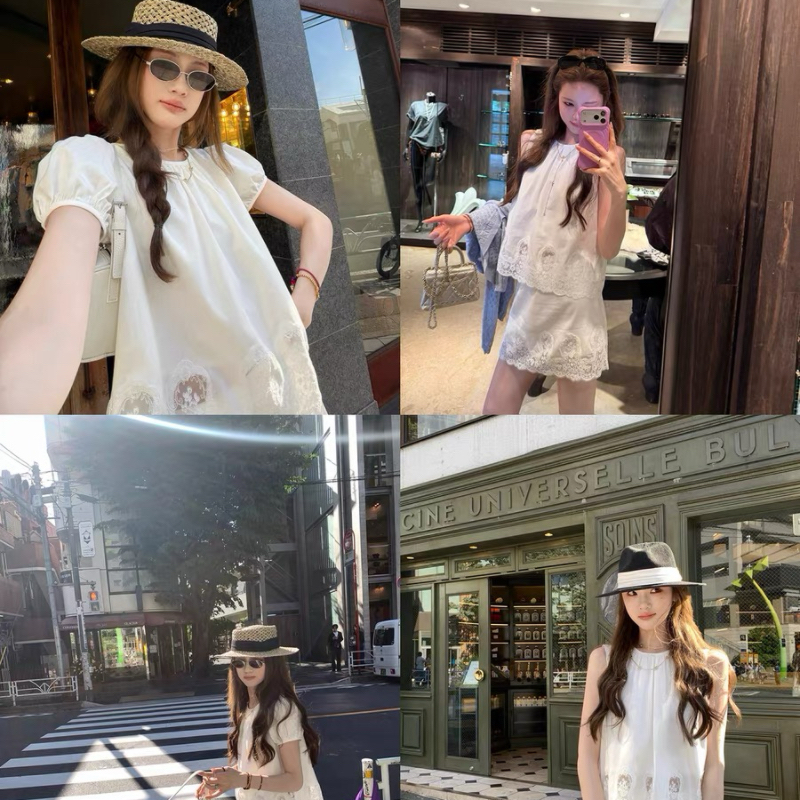 aaaaxbbb 바로크 메모 홀로우 아웃 레이스 세트 민소매 조끼 거품 소매 맨위 미니 스커트 투피스 세트