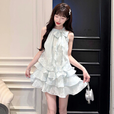 批发桔梗house 奶芙蝶梦 甜美清新风碎花挂脖无袖蛋糕连衣裙公主裙