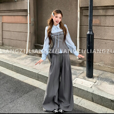 批发梁子【布尔庄园】早秋假两件衬衫条纹长袖上衣/高腰直筒阔腿<b class='q'>裤</b>