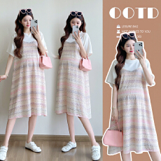 实拍~孕妇冰凉粉条假两件套浪漫度假显瘦针织长裙