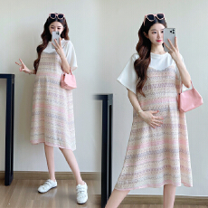 实拍~孕妇冰凉粉条假两件套浪漫度假显瘦针织长裙