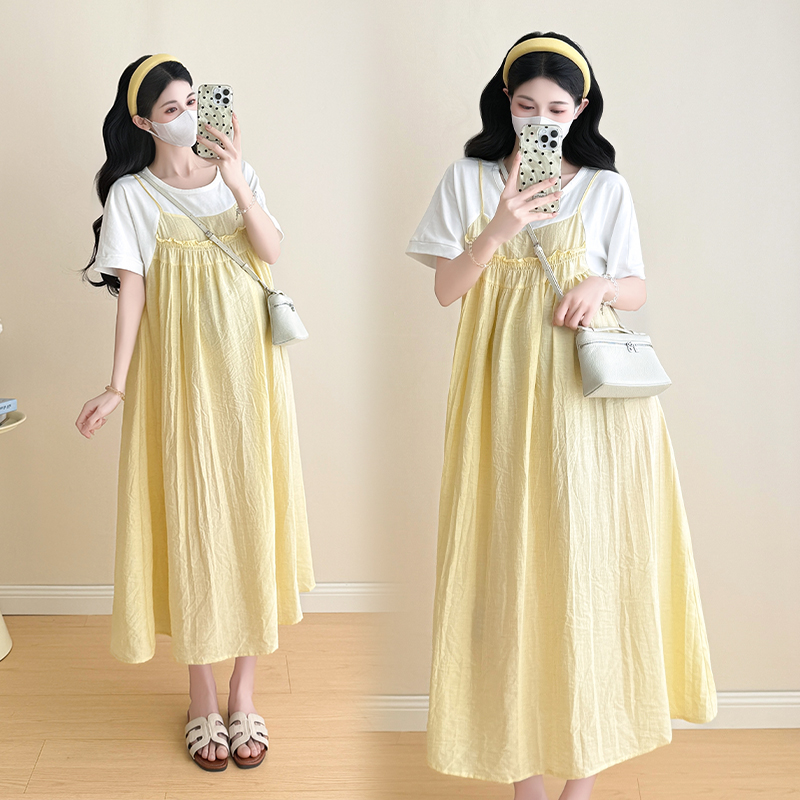 실사 임산부 여름 새로운 크림 아마 페이크 레이어드 드레스