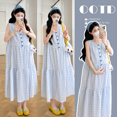 批发实拍~孕妇法式清秀淑女蓝色格纹无袖连衣裙夏季显瘦<b class='q'>百搭</b>减龄背