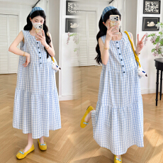批发实拍~孕妇法式清秀淑女蓝色格纹无袖连衣裙夏季显瘦<b class='q'>百搭</b>减龄背