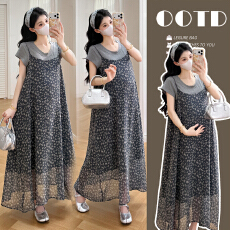 批发实拍~学院风碎花吊带连衣裙夏季新款设计感孕妇宽松两件套裙子