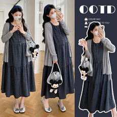 实拍~孕妇法式复古气质格纹无袖连衣裙夏季显瘦百搭减龄背