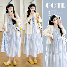 实拍~孕妇法式清秀淑女蓝色格纹无袖连衣裙夏季显瘦百搭减龄背