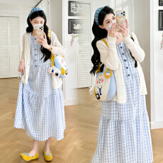 实拍~孕妇法式清秀淑女蓝色格纹无袖连衣裙夏季显瘦百搭减龄背