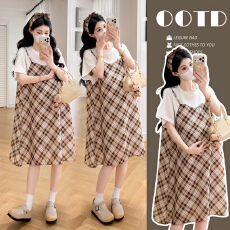 实拍`~孕妇装夏季洋气格仔薄款拼接假两件连衣裙