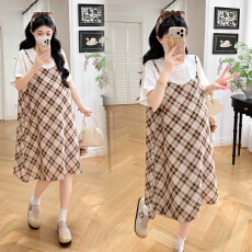 实拍~孕妇装夏季洋气格仔薄款拼接假两件连衣裙