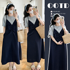 批发实拍~<b class='q'>孕妇</b><b class='q'>时尚</b>显瘦新款假两件套短袖连衣裙