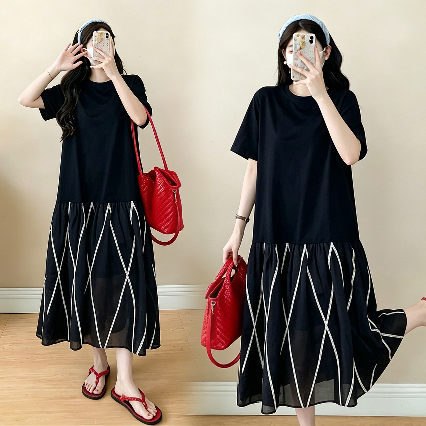 실사 임산부 루즈핏 슬림해 보이는 고급 센스 자수 치마 페이크 레이어드 반팔 드레스