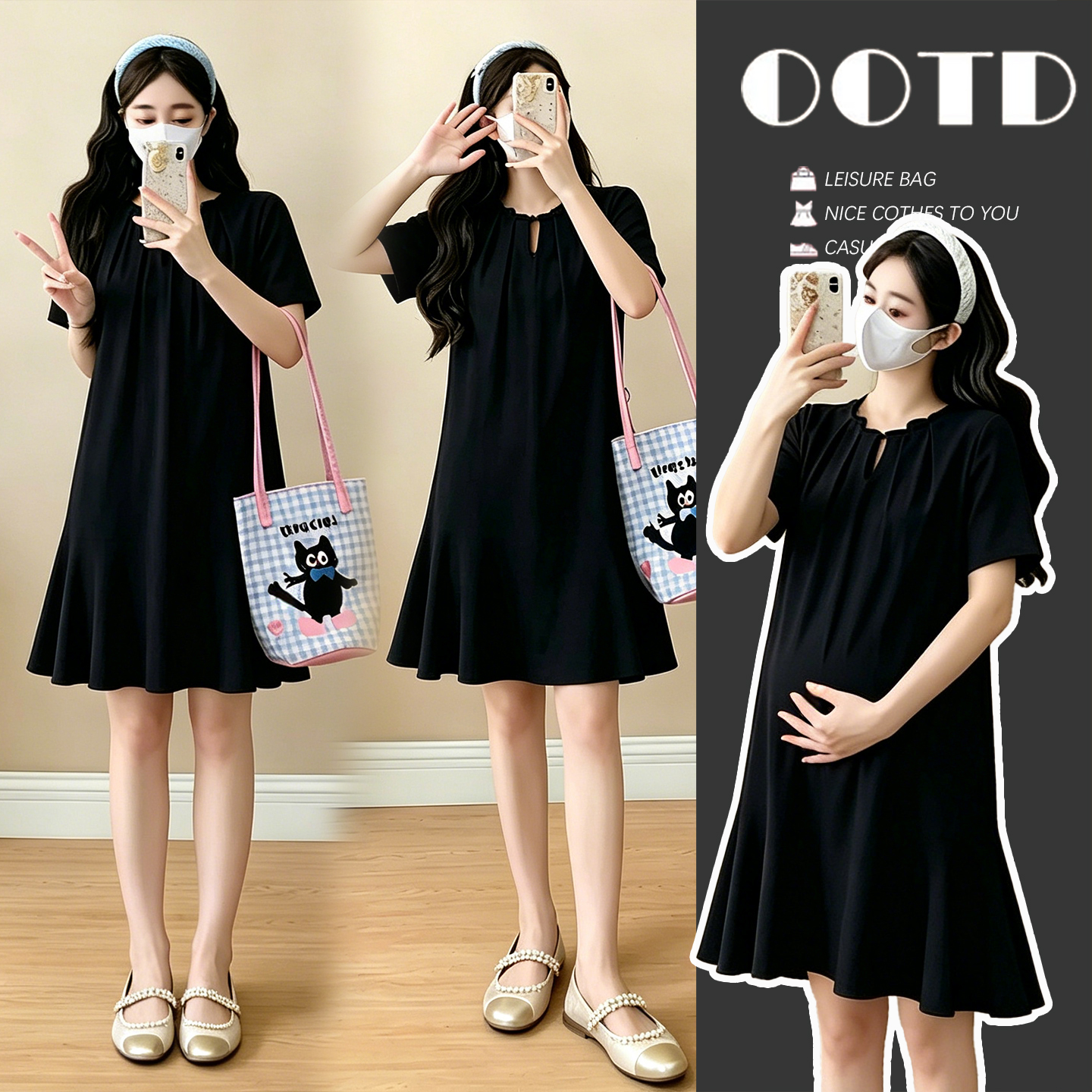 실사 임산부 캐주얼 미니멀리즘 반팔 드레스 여름 새로운 패션 드레스