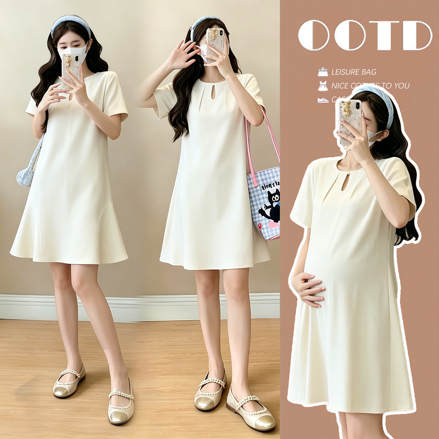 실사 임산부 캐주얼 미니멀리즘 반팔 드레스 여름 새로운 패션 드레스