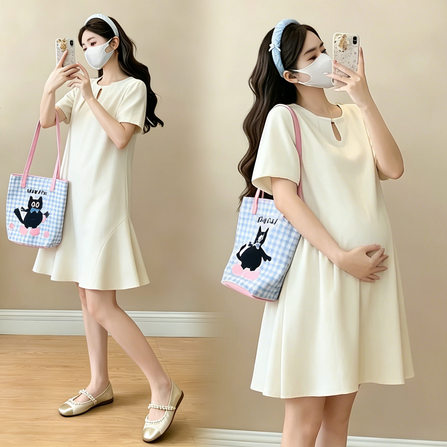 실사 임산부 캐주얼 미니멀리즘 반팔 드레스 여름 새로운 패션 드레스
