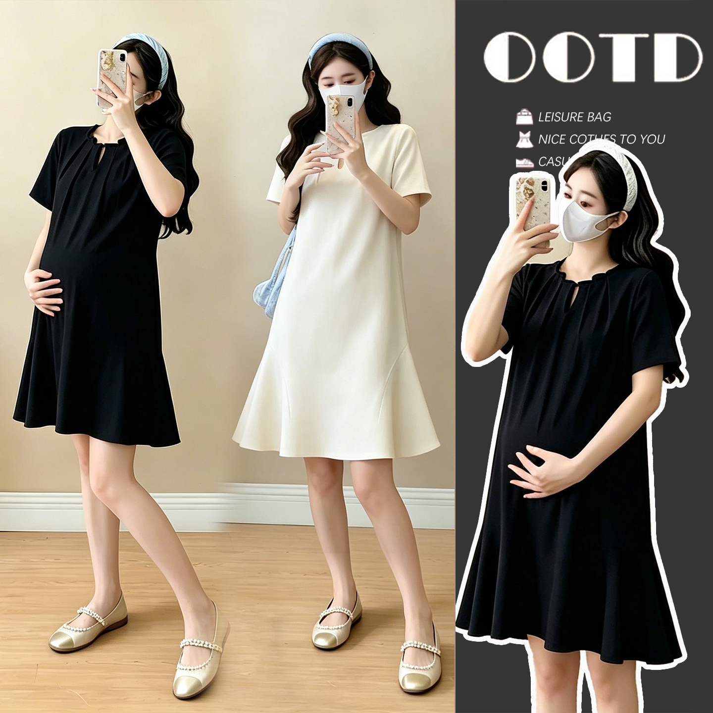실사 임산부 캐주얼 미니멀리즘 반팔 드레스 여름 새로운 패션 드레스