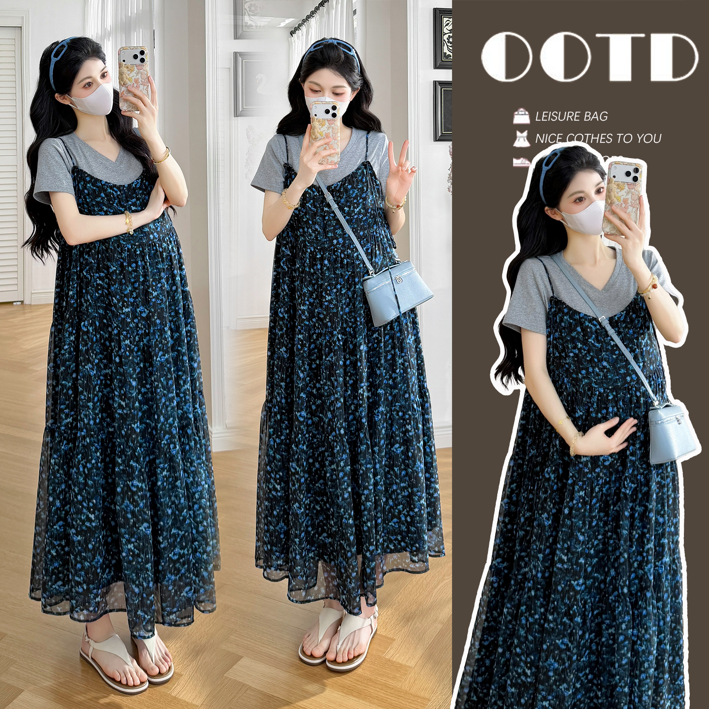 실사 감기 센스 아름다운 꽃무늬 임산부 슬립 드레스 회색 맨위