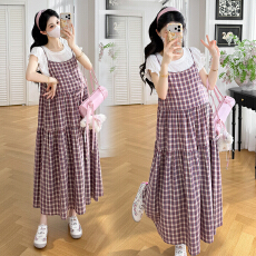 批发实拍 ~新款绝美叠穿法式<b class='q'>孕妇</b><b class='q'>格</b>仔吊带连衣裙套装