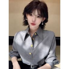 批发老钱风灰色polo领套头衬<b class='q'>衫</b>2026春季新款休闲通勤穿搭气质长袖衬<b class='q'>衣</b>