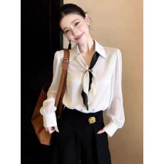批发法式小资轻奢高级感洋气减龄上衣高级小众不撞款白色领带<b class='q'>衬衫</b>女春