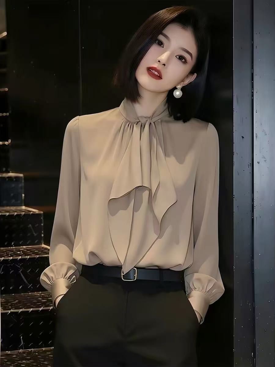 빛 럭셔리 우아함 바람 리본 여성 셔츠 봄 2026 새로운 품격 긴팔 카키 색 디자인 센스 출퇴근 맨위