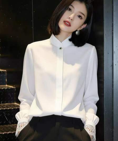 긴팔 여성 셔츠 2026 봄 새로운 한국 스타일 루즈핏 슬림해 보이는 스탠드 칼라 단색 맨위 레이스 조각 셔츠 트렌디