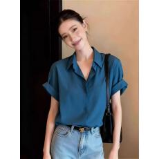 批发法式蓝色翻领短袖衬衫女2026年夏季女装纽扣设计感小众<b class='q'>通勤</b>上衣
