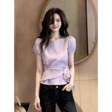 批发超好看浅紫色收腰系带短袖雪纺衫夏季设计感小众显瘦减龄别致上衣