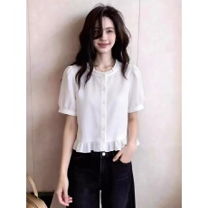 批发法式木耳边白色短袖衬衫女荷叶边下摆收腰温柔风<b class='q'>通勤</b>百搭显瘦上衣