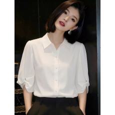 批发短袖衬衫女2026春季新款韩版泡泡袖翻领上衣设计感开衫褶皱衬衣潮