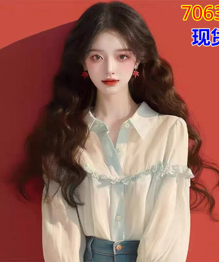 파란색 쉬폰 셔츠 2024 새로운 여성 가을 고대 복장 vintage 작은 대중 고유 한 Chic 긴팔 짧은 맨위