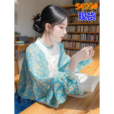 批发2025春季新款法式甜美轻熟<b class='q'>小衫</b>超好看独特漂亮蓝色碎花泡泡袖衬衫