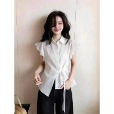 批发曲七2026春夏季新款通勤风气质简约收腰绑带白色翻领<b class='q'>衬衫</b>上衣<b class='q'>女</b>装