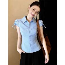 批发韩系通勤条纹开衫<b class='q'>短袖</b><b class='q'>衬衫</b>2026夏季新款休闲风显白蝴蝶结系带上衣