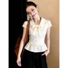 批发韩系通勤蝴蝶结修身<b class='q'>短袖</b><b class='q'>衬衫</b>2026夏季新款甜美显白减龄收腰上衣